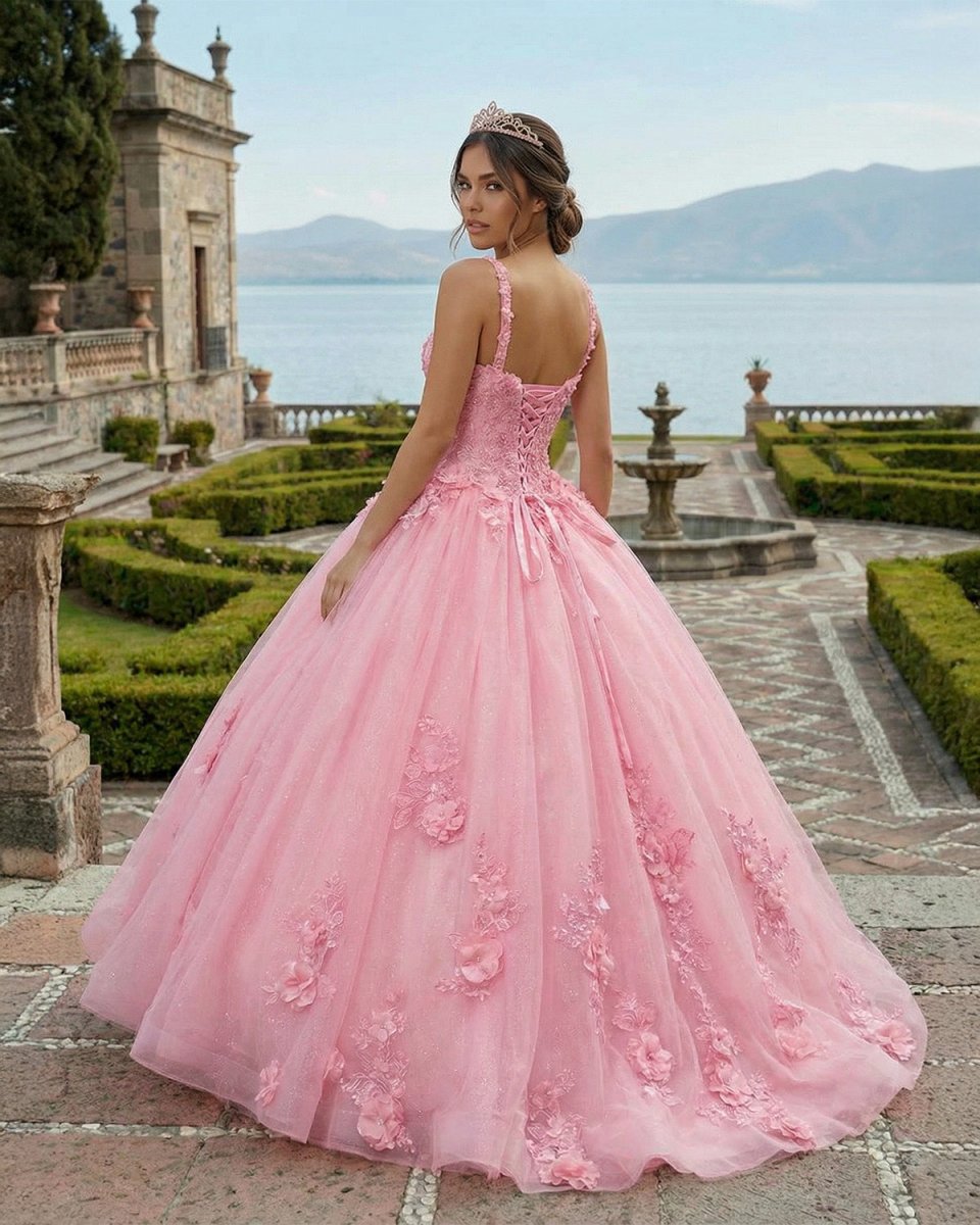 Pink Tulle Floral Appliques Sweetheart Lace-Up Quinceanera Dress