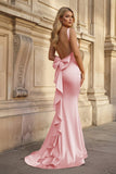 Coral Pink Mermaid V Neck Satin Open Back Long Prom Dresses With Bow
