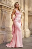 Coral Pink Mermaid V Neck Satin Open Back Long Prom Dresses With Bow