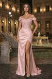 Burgundy Off The Shoulder Mermaid Beaded Satin Long Prom Dresses With Appliques