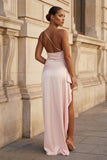 Pink One Shoulder Sheath Satin Long Prom Dresses With Slit