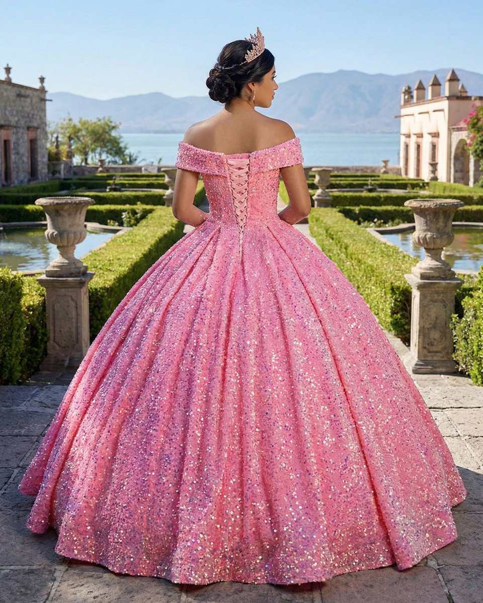 Pink Off The Shoulder Sequined Ball Gown Quinceanera Dresses