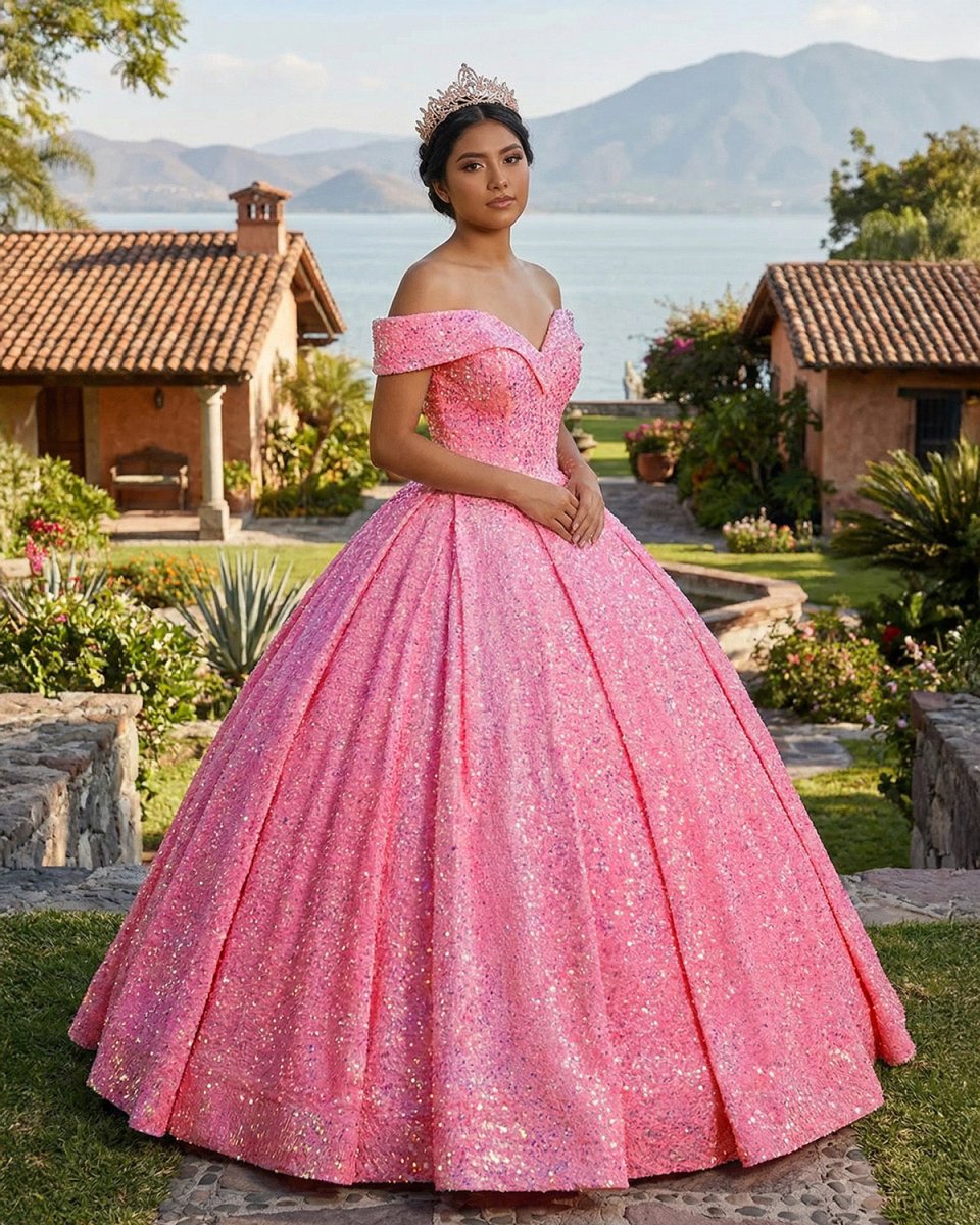 Pink Off The Shoulder Sequined Ball Gown Quinceanera Dresses