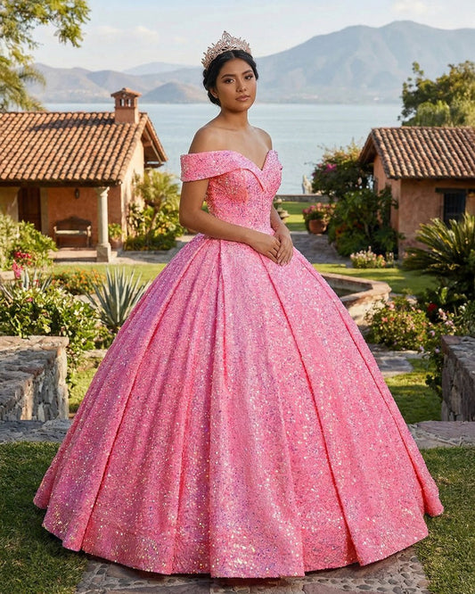 Pink Off The Shoulder Sequined Ball Gown Quinceanera Dresses