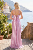 Pink Spaghetti Straps Sheath Long Evening Prom Dresses With Slit
