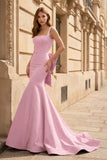 Black Square Neck Mermaid Satin Long Prom Dresses With Pearls