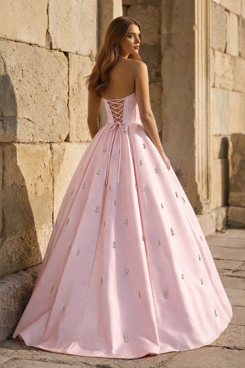 Yellow Strapless A Line Satin Long Prom Dresses With Beading