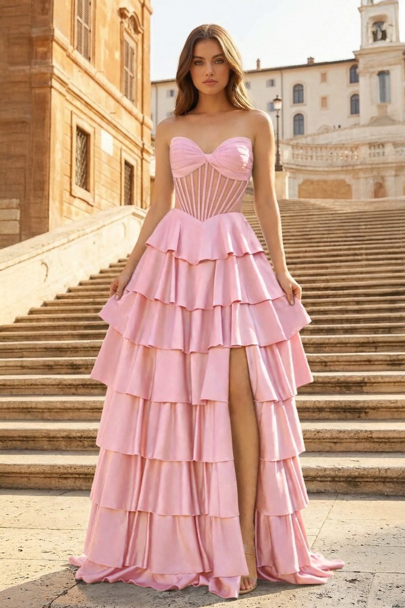 Gray Sweetheart A Line Satin Ruffled Long Prom Dresses With Slit