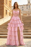 Gray Sweetheart A Line Satin Ruffled Long Prom Dresses With Slit