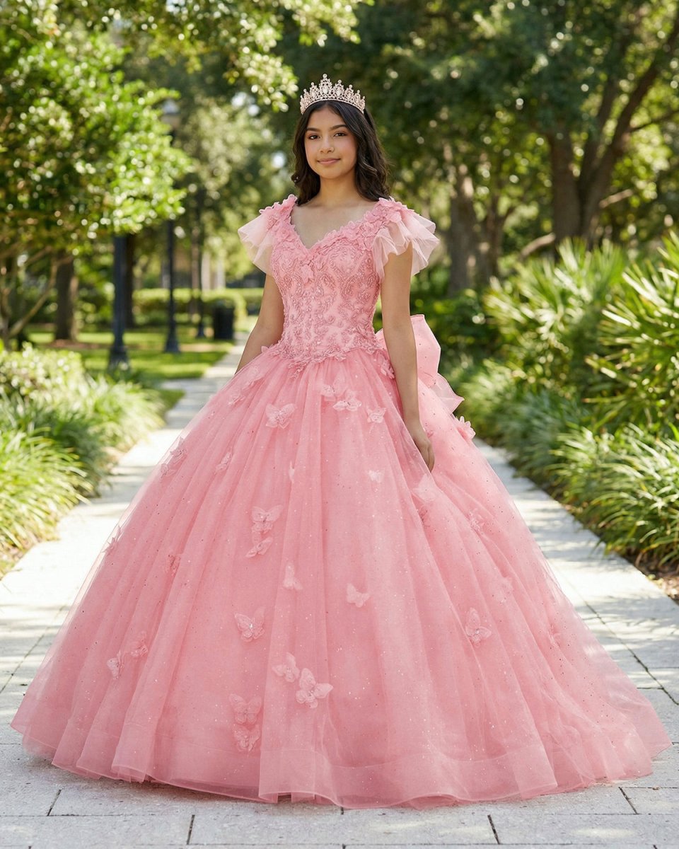 Pink Tulle 3D Floral Lace Bow-Back Quinceanera Dress with Flutter Sleeves