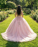 Pink Tulle Appliques Off The Shoulder Quinceanera Dresses