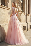 Pink Tulle Lace Long Prom Dress. Lovely A-Line Open Back Evening Dress