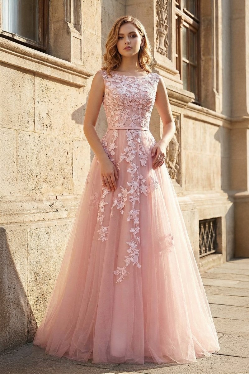 Pink Tulle Lace Long Prom Dress. Lovely A-Line Open Back Evening Dress