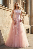 Pink Tulle Lace Long Prom Dress. Lovely A-Line Open Back Evening Dress