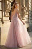 Pink Tulle Long A-Line Prom Dress. Pink Spaghetti Formal Dress with Beaded