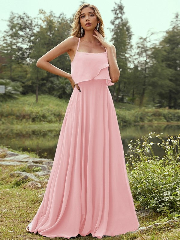 A-Line/Princess Chiffon Ruffles Spaghetti Straps Sleeveless Floor-Length Bridesmaid Dresses Evening Prom Dress