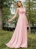 A-Line/Princess Chiffon Lace V-neck Sleeveless Floor-Length Bridesmaid Dresses Evening Prom Dress