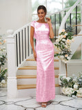Sheath/Column Sequins Ruched Scoop Short Sleeves Floor-Length Bridesmaid Dresses Evening Dress