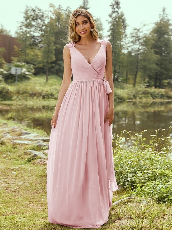 A-Line/Princess Chiffon Ruffles V-neck Sleeveless Floor-Length Bridesmaid Dresses Evening Prom Dress