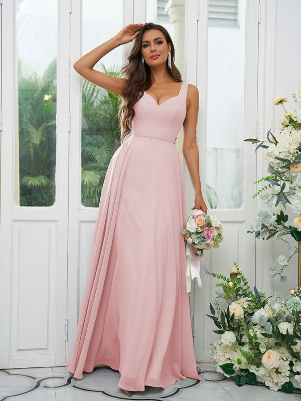 A-Line/Princess Chiffon Ruffles V-neck Sleeveless Floor-Length Bridesmaid Dresses Evening Dress