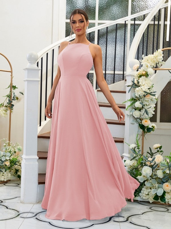 A-Linie/Princess-Linie Chiffon Rüschen Neckholder Ärmellos Bodenlang Brautjungfernkleider Abendkleid
