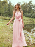 A-Line/Princess Chiffon Ruffles Halter Sleeveless Sweep/Brush Train Bridesmaid Dresses	Evening Prom Dress