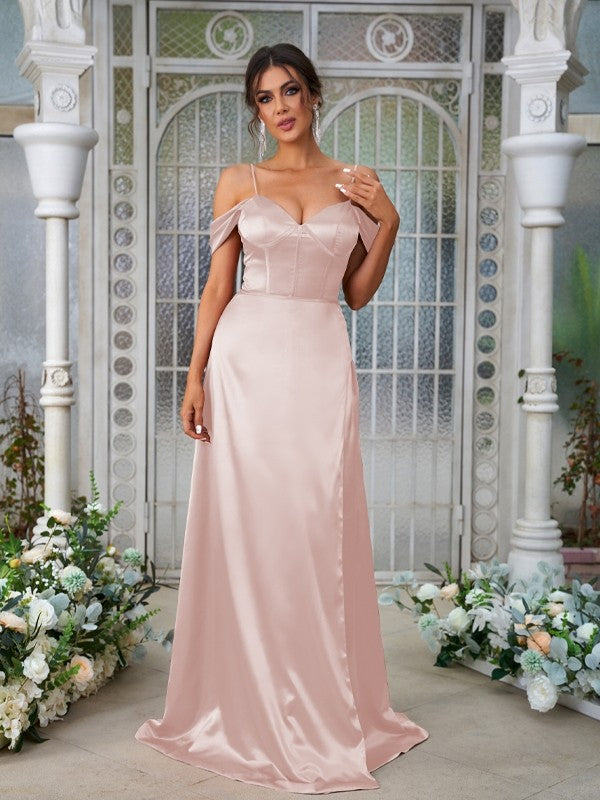 A-Line/Princess Silk like Satin Ruched Sweetheart Sleeveless Sweep/Brush Train Bridesmaid Dresses Evening Dress