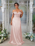 A-Line/Princess Silk like Satin Ruched Sweetheart Sleeveless Sweep/Brush Train Bridesmaid Dresses Evening Dress