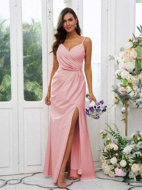 A-Line/Princess Stretch Crepe Ruched V-neck Sleeveless Floor-Length Bridesmaid Dresses Evening Dress