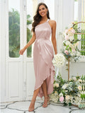 A-Line/Princess Silk like Satin Ruched One-Shoulder Sleeveless Tea-Length Bridesmaid Dresses Evening Prom Dress