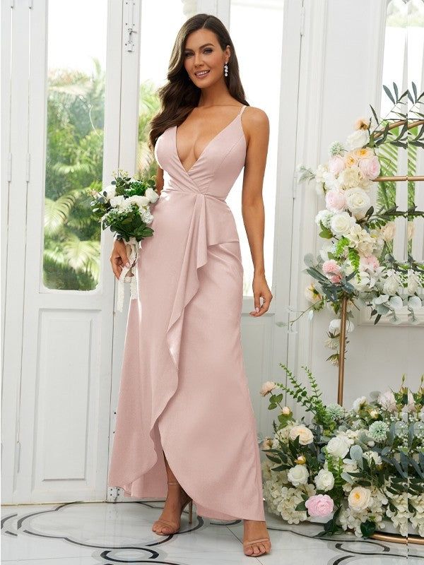 A-Line/Princess Silk like Satin Ruffles V-neck Sleeveless Floor-Length Bridesmaid Dresses Prom Dress