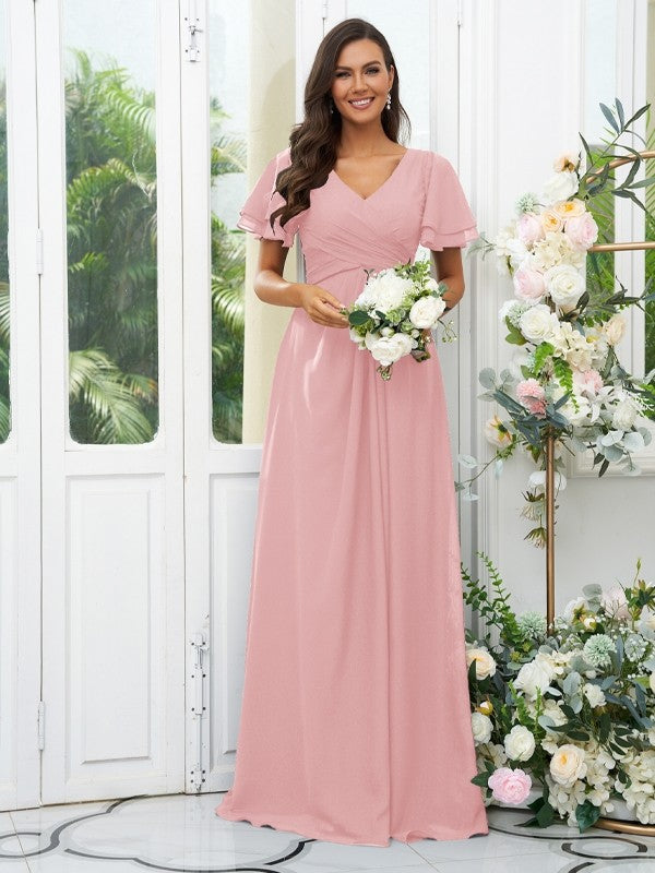 A-Line/Princess Chiffon Ruffles V-neck Short Sleeves Floor-Length Bridesmaid Dresses Evening Dress