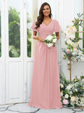 A-Line/Princess Chiffon Ruffles V-neck Short Sleeves Floor-Length Bridesmaid Dresses Evening Dress
