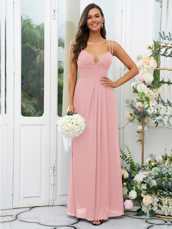 A-Line/Princess Chiffon Ruched V-neck Sleeveless Floor-Length Bridesmaid Dresses Evening Prom Dress