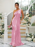 Sheath/Column Sequins Ruched One-Shoulder Sleeveless Sweep/Brush Train Bridesmaid Dresses Evening Dress