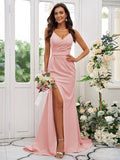 Sheath/Column Stretch Crepe Ruched V-neck Sleeveless Sweep/Brush Train Bridesmaid Dresses Evening Dress