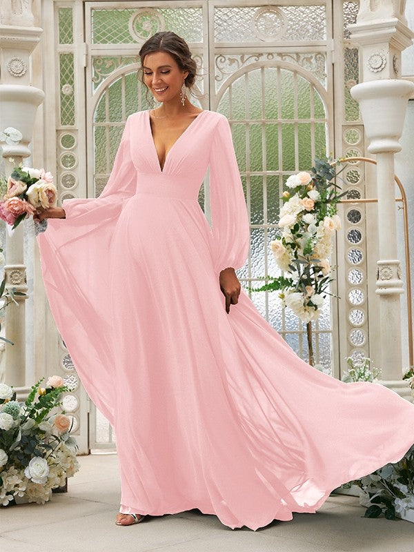 Vestido de dama de honor de corte A/princesa, de gasa, con volantes, escote en V, mangas largas y cola larga, vestido para madre de la novia