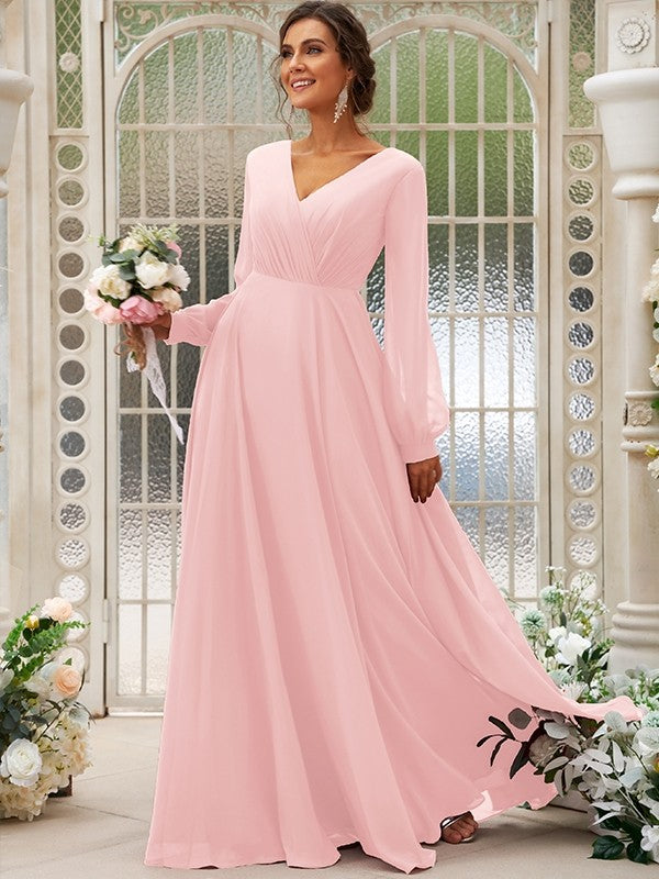 A-Line/Princess Chiffon Ruched V-neck Long Sleeves Floor-Length Bridesmaid Dresses Mother of the Bride Dress