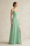 Pleated A-Line Long Chiffon Bridesmaid Dress in Pale Pistachio