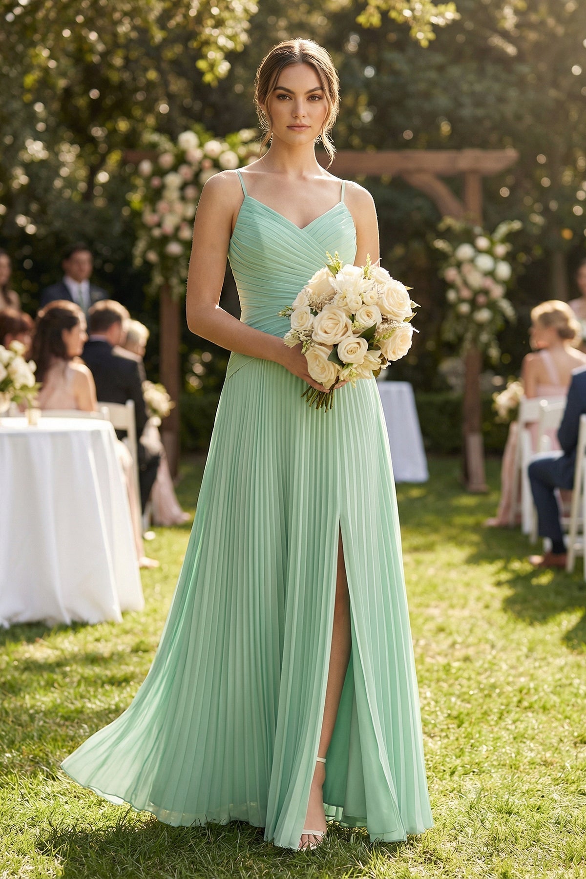 Pleated A-Line Long Chiffon Bridesmaid Dress in Pale Pistachio