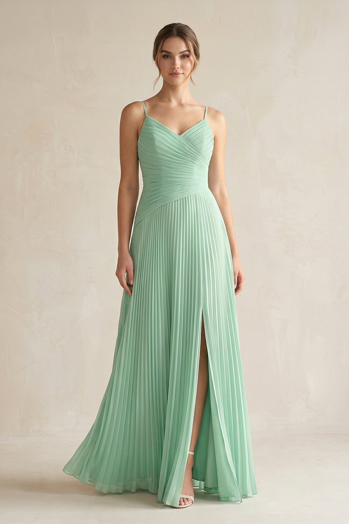 Pleated A-Line Long Chiffon Bridesmaid Dress in Pale Pistachio