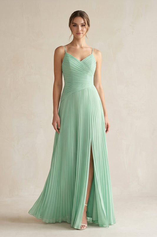 Pleated A-Line Long Chiffon Bridesmaid Dress in Pale Pistachio