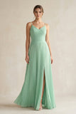 Pleated A-Line Long Chiffon Bridesmaid Dress in Pale Pistachio