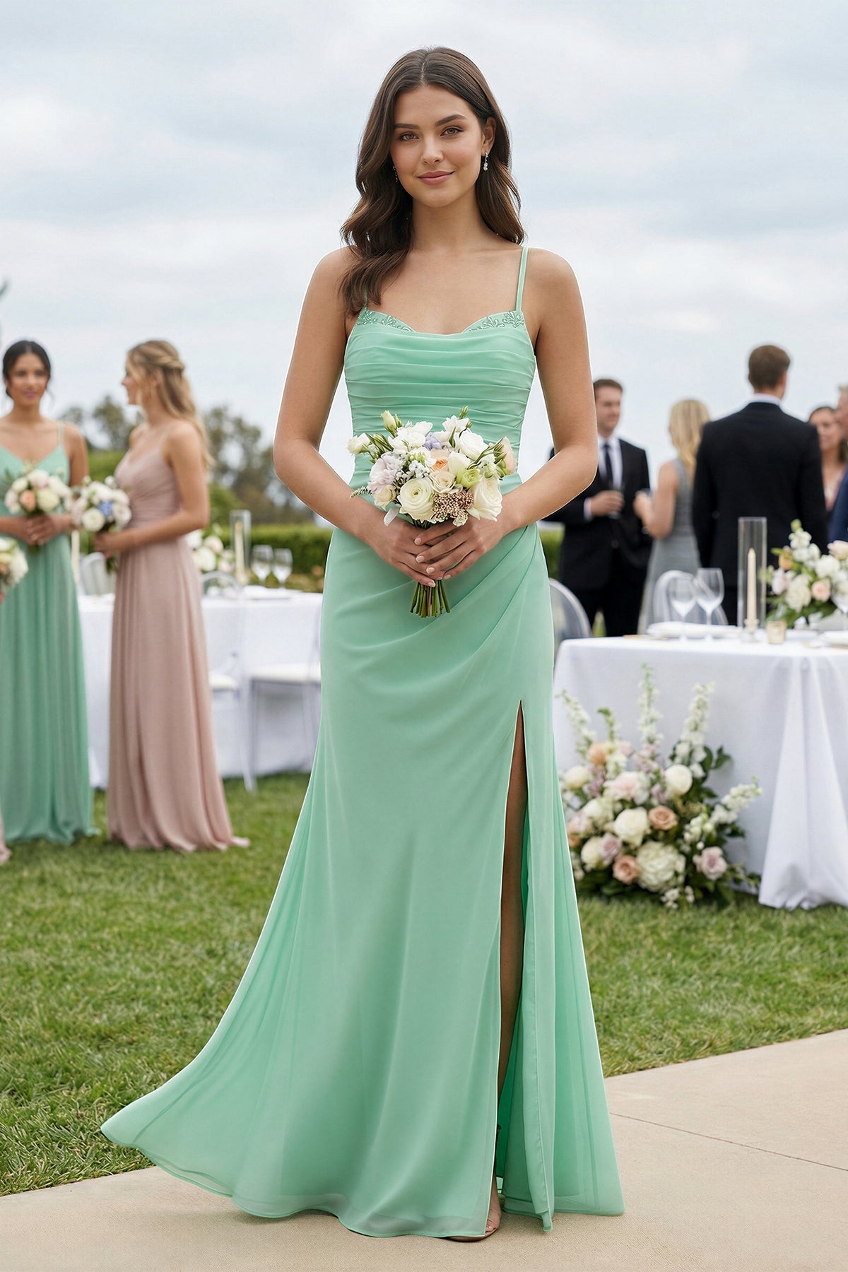 Cami Strap Sheath Chiffon Bridesmaid Dress with Slit in Pale Pistachio