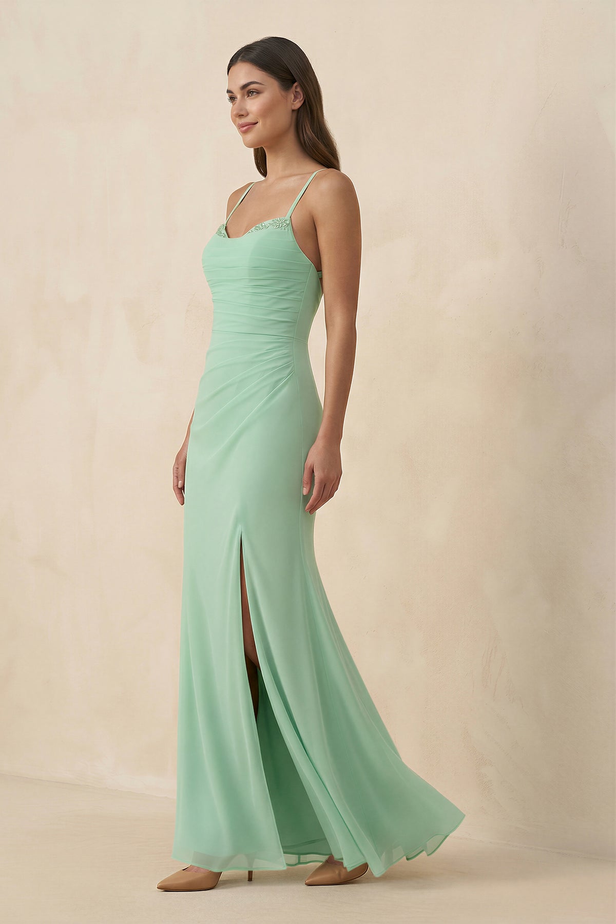 Cami Strap Sheath Chiffon Bridesmaid Dress with Slit in Pale Pistachio