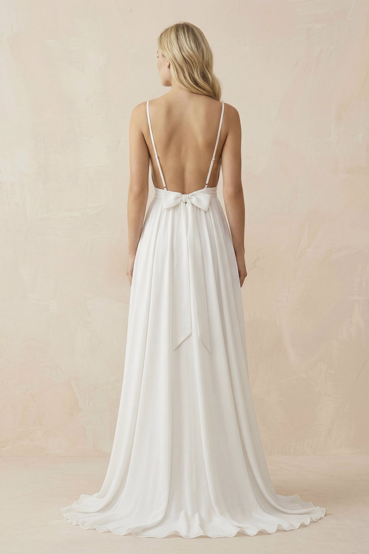 A-Line V Neck Straps Spaghetti Sheath Chiffon Wedding Dress