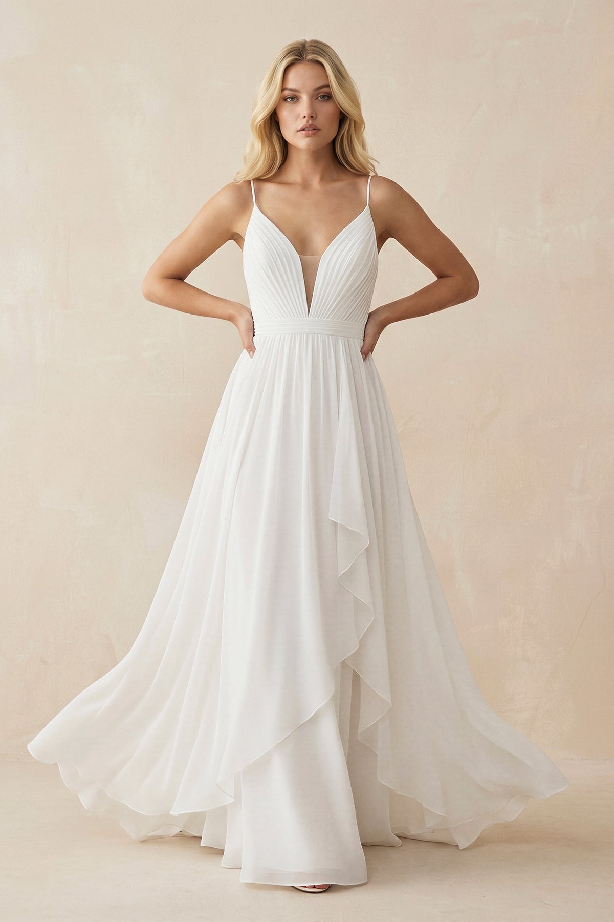 A-Line V Neck Straps Spaghetti Sheath Chiffon Wedding Dress