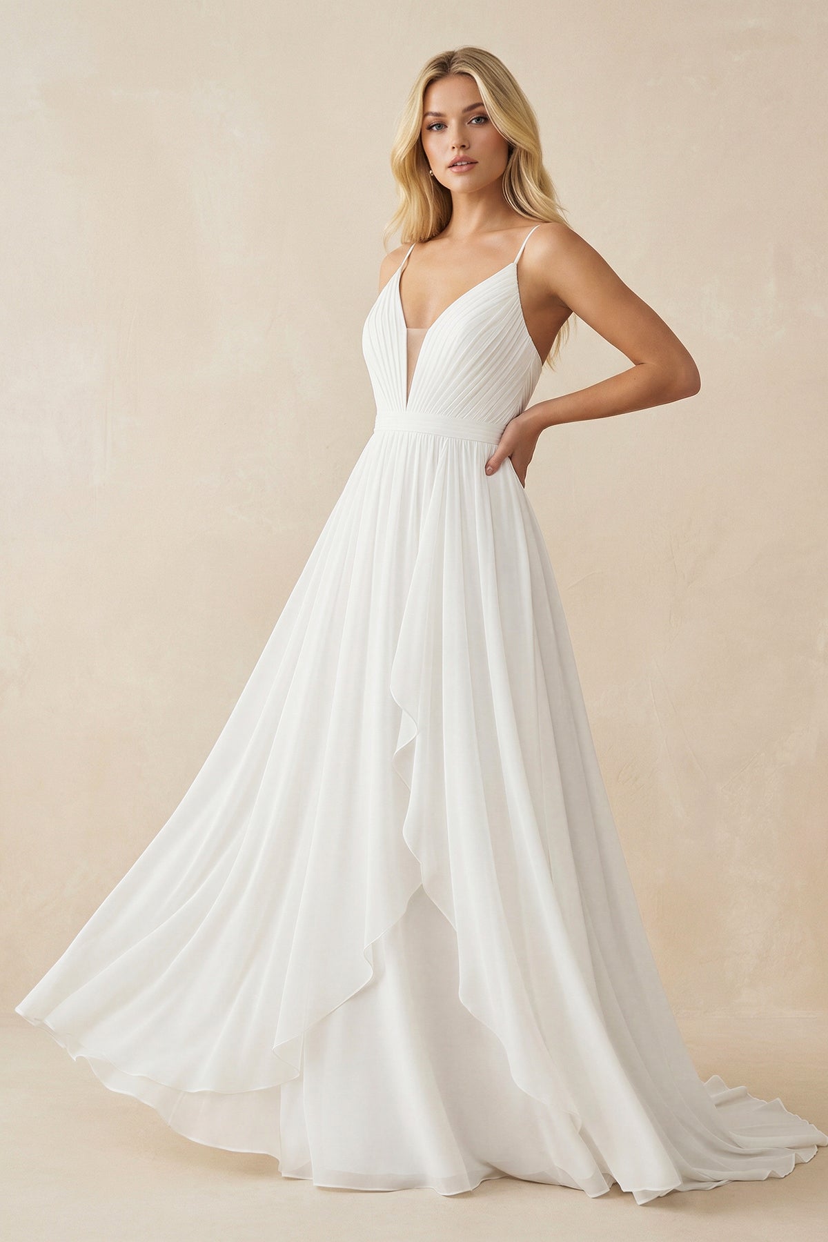 A-Line V Neck Straps Spaghetti Sheath Chiffon Wedding Dress