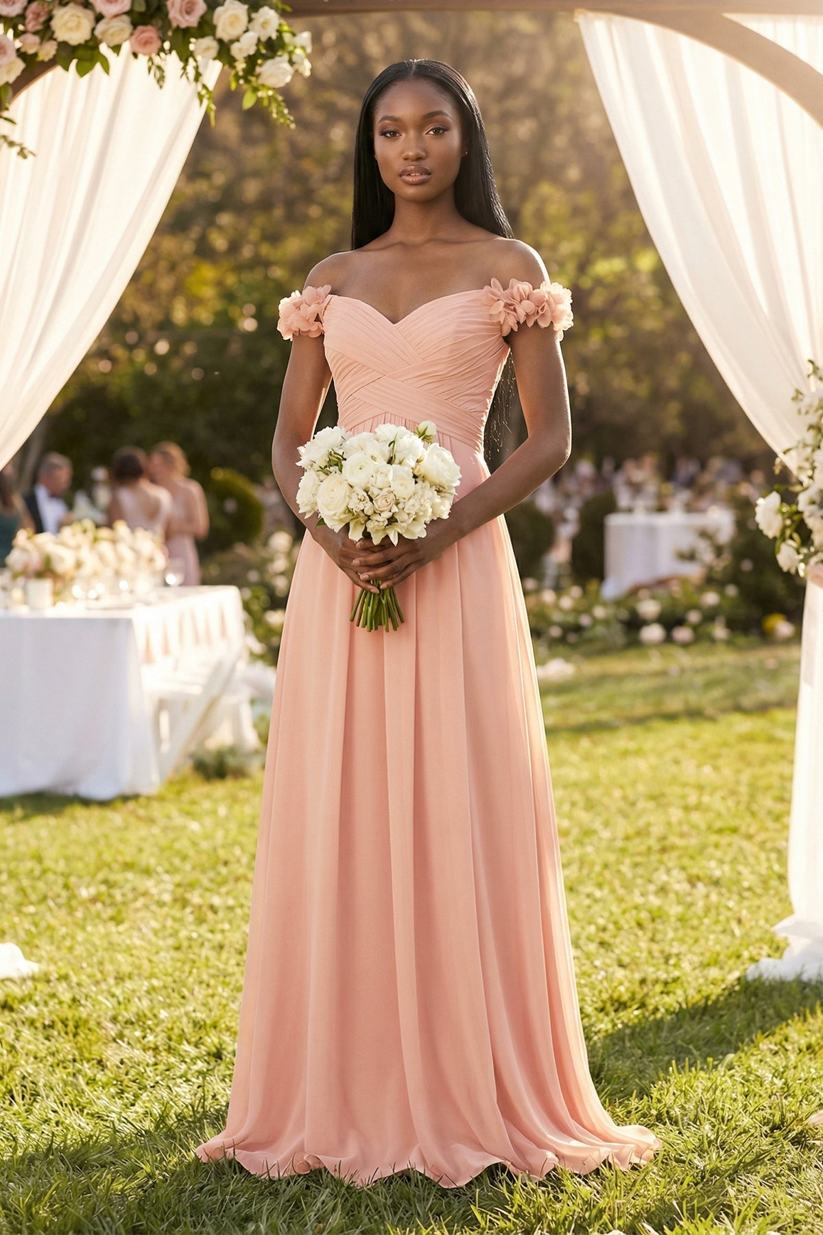 Pleated Off-the-Shoulder A-Line Chiffon Bridesmaid Dress in English Rose