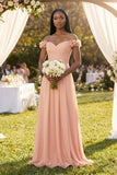 Pleated Off-the-Shoulder A-Line Chiffon Bridesmaid Dress in English Rose
